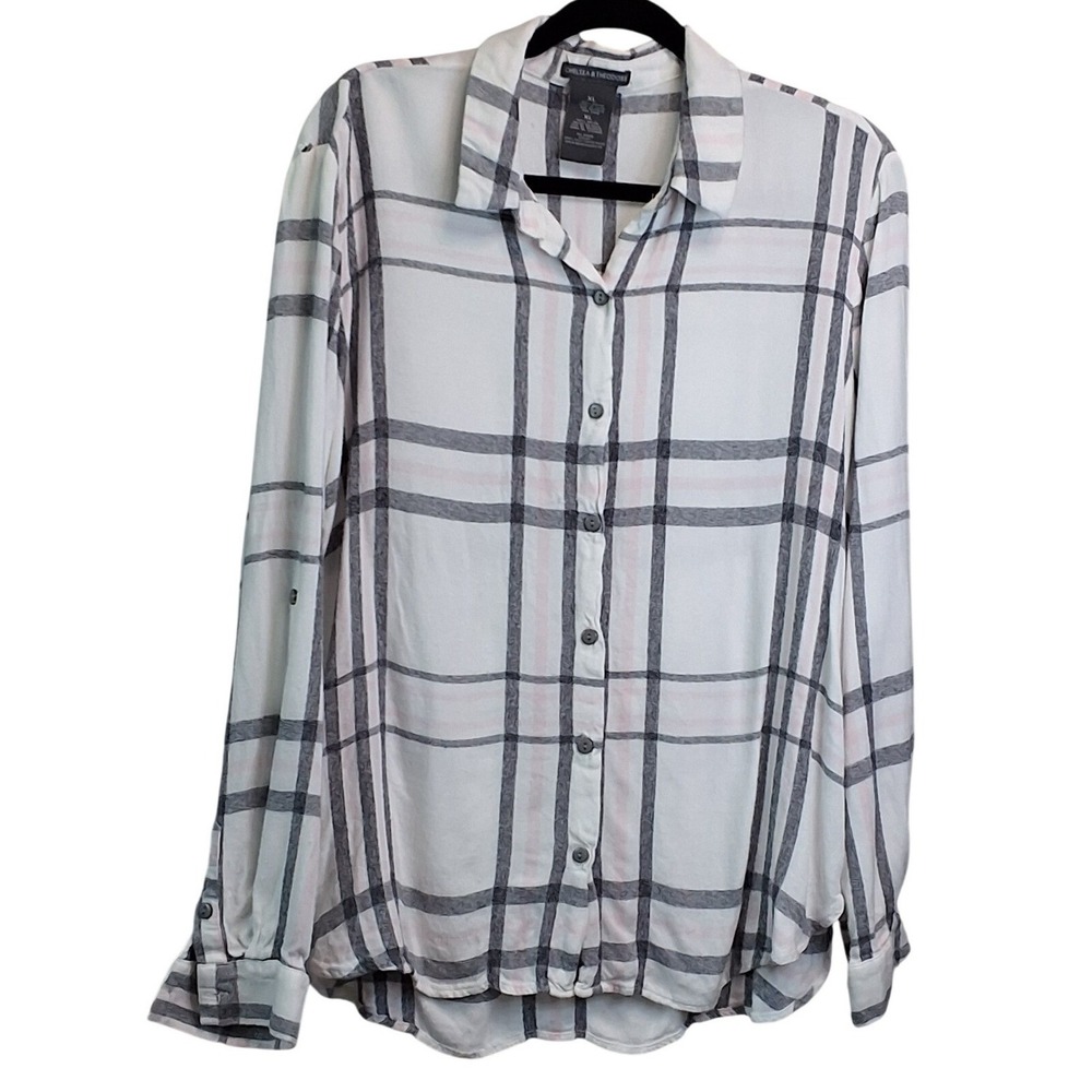 Chelsea & Theodore Womens XL Plaid Button Down Shirt Grey Pink White Roll Tab